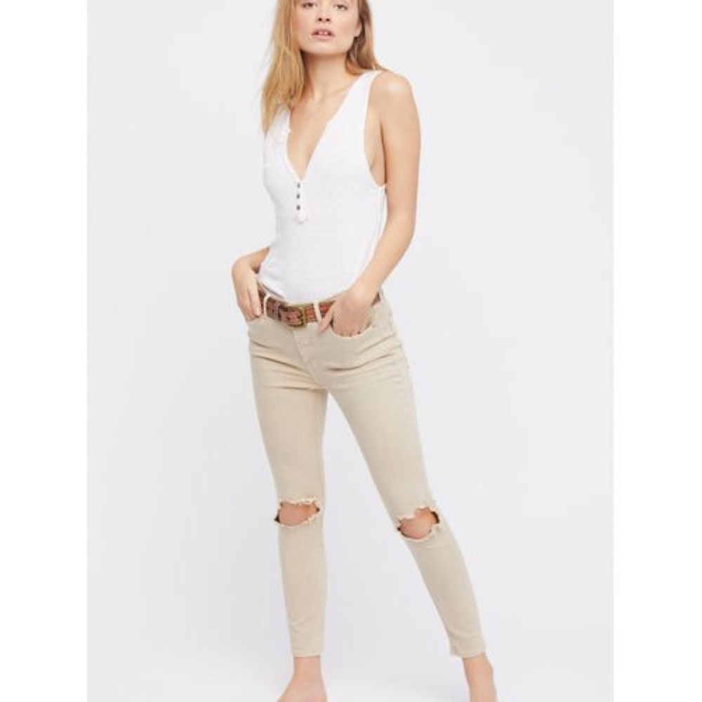 Free People Busted Knee Khaki Skinny Jeans